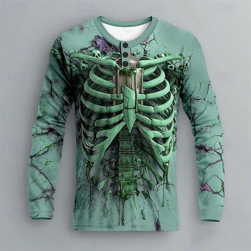 Men's Halloween Skeleton Henley Shirt Long Sleeve Fashion Cute Daily Casual Holiday Going out Fall Spring &  Fall Lake blue Green Khaki Henley Collar Henley Henley T-Shirt2