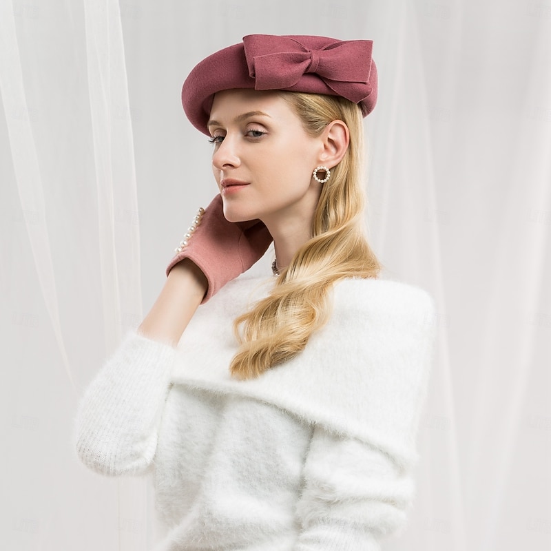 Hats 100% Wool Beret Hat Pillbox Hat Wedding Cocktail Elegant Wedding With Bowknot Pure Color Headpiece Headwear3