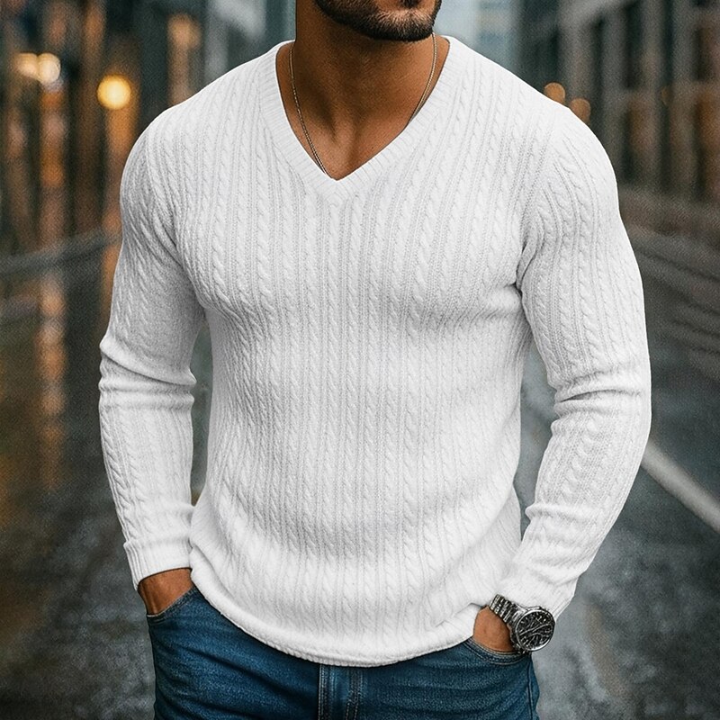 Men's Men V Neck Rib-knit Tee Ribbed Knit tee Tee Top Long Sleeve V Neck Spring Fall All Seasons Plain Jacquard Modern Casual Comfortable Basic Home Street Casual White Navy Blue Royal Blue Top Tee