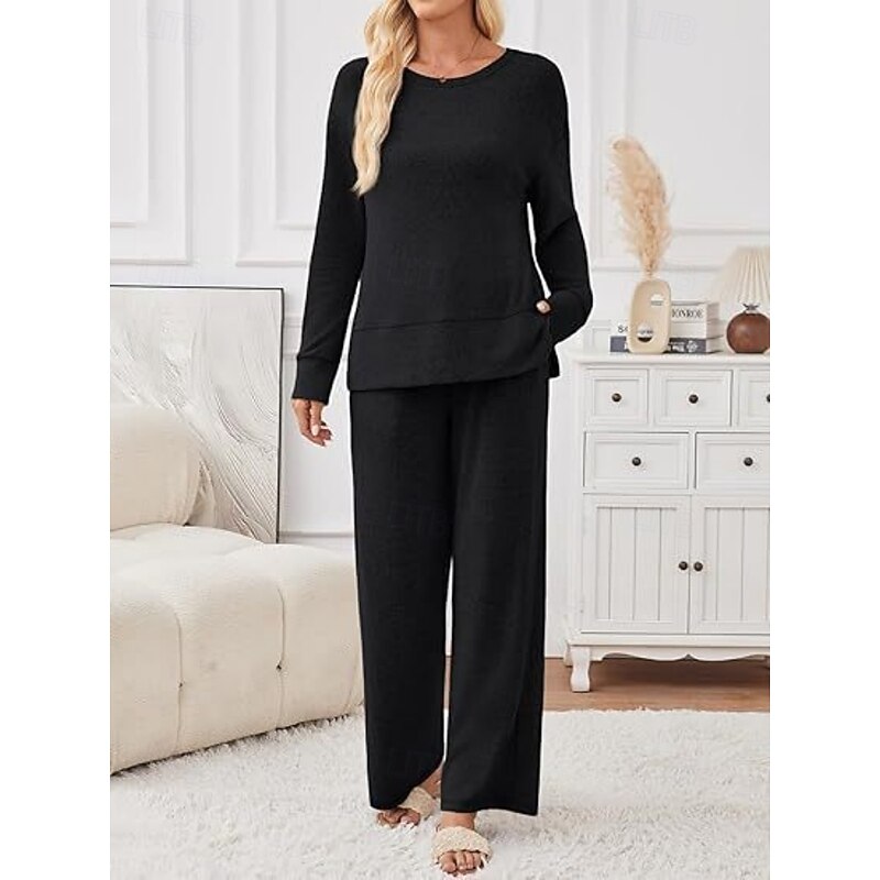 Women's Basic Pants Sets Long Sleeve Crew Neck Plain Patchwork Casual Black Brown Khaki Fall & Winter Loose Fit