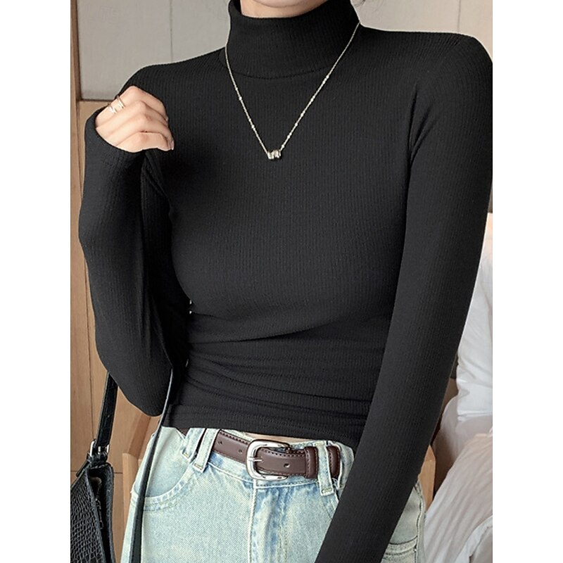 Women's Sweater Elegant Casual Soft Pure Color Ribbed Turtleneck Knitted Long Sleeve Regular Tops Knit Outdoor Daily Weekend Black White Fall Winter4
