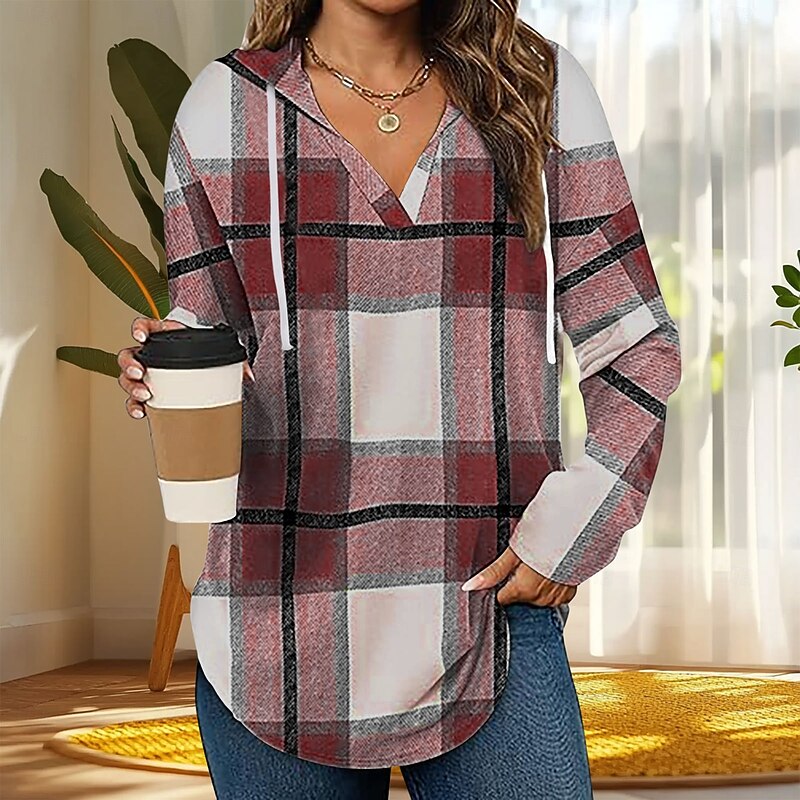 Women's Boho Shirt Blouse Plaid Stylish Retro Vintage Casual Long Sleeve V Neck Regular Tops Work Daily Holiday Drawstring Red Navy Blue Green Khaki Light Blue Spring Fall Winter3