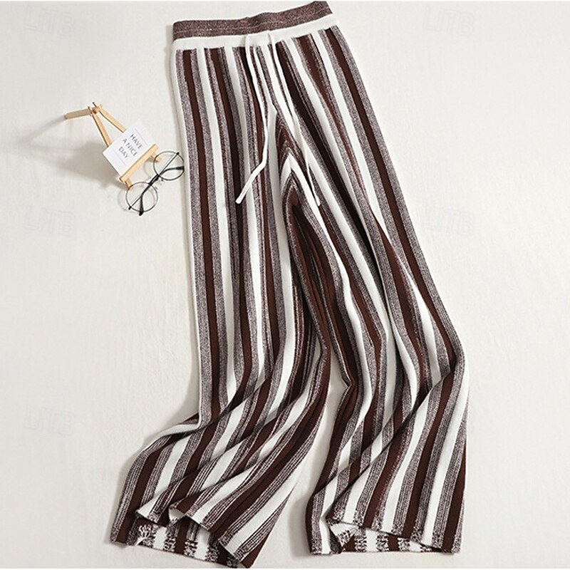 Women's Wide Leg Pants Trousers Palazzo Pants Fashion Streetwear Full Length High Waist Stripe Elastic Waist Knitted Breathability Comfortable Street Daily Wear Going out Black Yellow Khaki Spring2