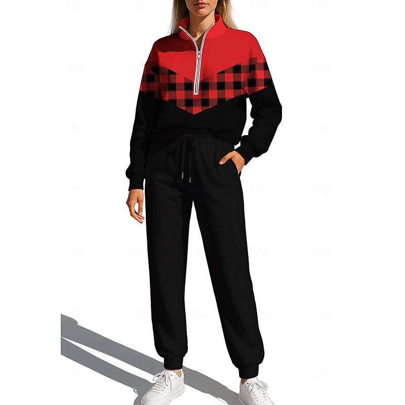 Christmas Women's Sweatshirt Tracksuit Sweatsuit Drawstring Zipper Plaid Checkered Jacket and Sweatpants Athletic Clothing Set Spring Red / black Casual Workout Outdoor Soft Baggy Long Sleeve Sport3