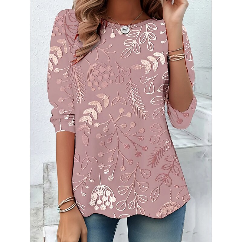 Women's T Shirt Floral Graphic Abstract Vintage Stylish Classic Long Sleeve Crew Neck Round Neck Regular Tops Daily Print White Pink Spring Fall Winter4