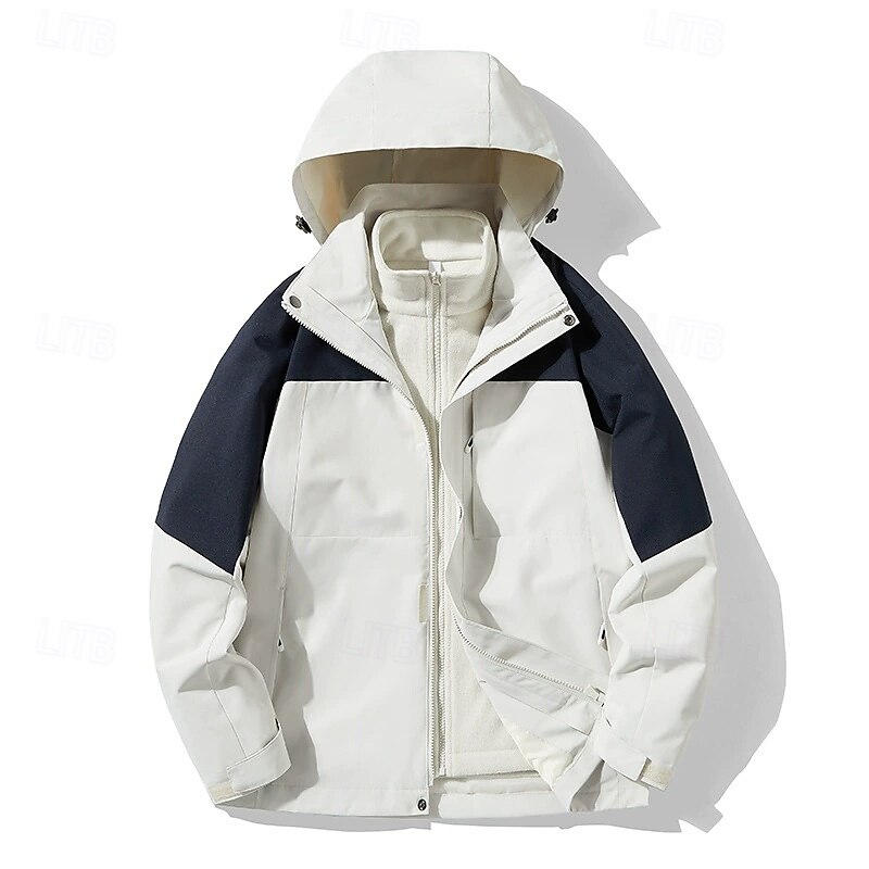 Women's 3-in-1 Waterproof Down Jacket Windproof Comfortable Zipper Pocket Casual Color Block Outdoor Vacation Street Daily Wear Zipper Short Hooded Regular Fit Long Sleeve Outerwear Black And White2