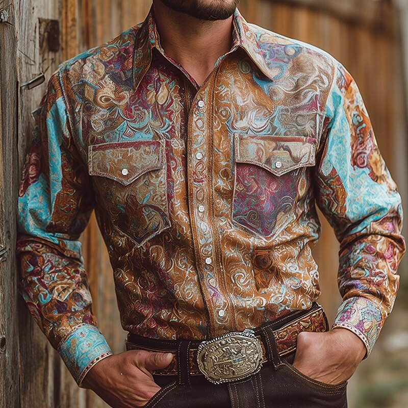 Men's Intricate Floral Flowers Shirt Western Shirt Cowboy Shirt Long Sleeve Vintage Retro Outdoor Casual WorkWear Spring Fall Turndown Front Two Pockets Linen Like Shirt Button Up Shirts Black Blue2