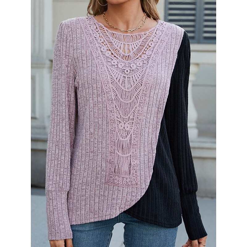 Women's Blouse Solid Color Stylish Casual Long Sleeve Crew Neck Regular Tops Daily Lace Patchwork Purple Spring Fall Winter