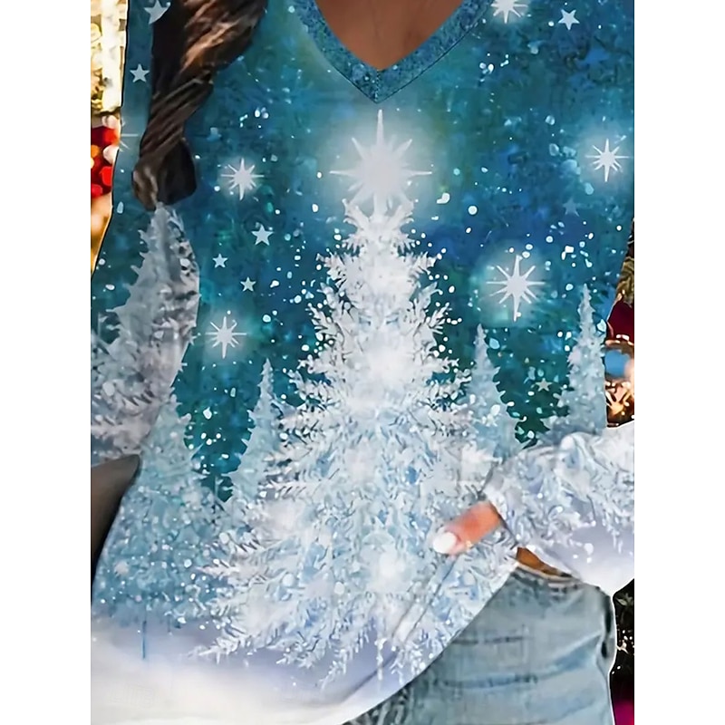 Christmas Women's T Shirt Graphic Snowflake Fashion Casual Long Sleeve V Neck Regular Tops Daily Weekend Print Blue Summer Spring Fall Winter2
