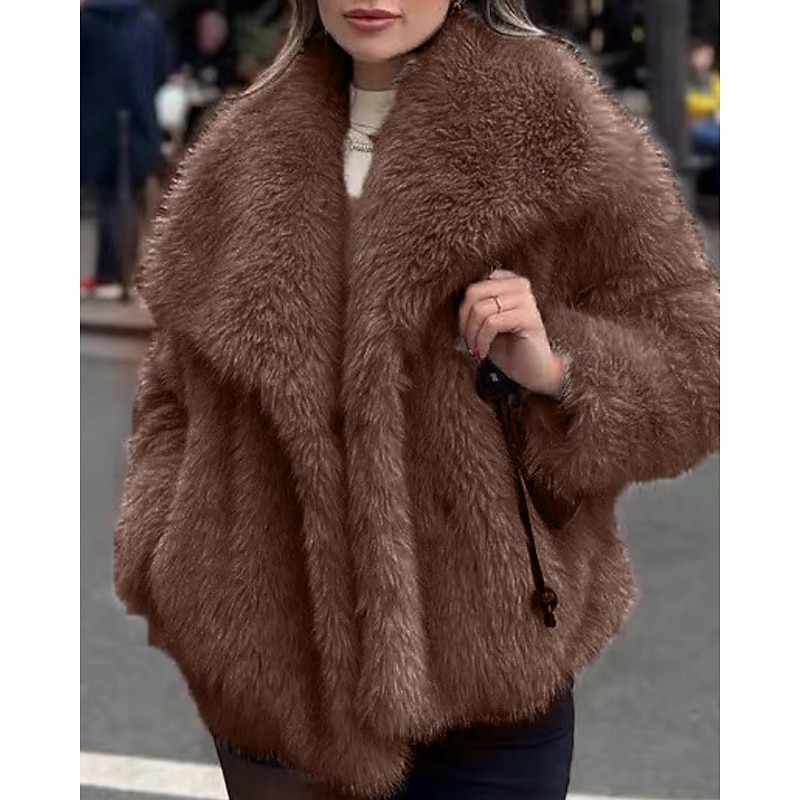 Women's Faux Fur Coat Warm Comfortable Furs & Leathers Casual Plain Street Holiday Going out Weekend Regular Turndown Regular Fit Long Sleeve Outerwear Coffee Fall Winter