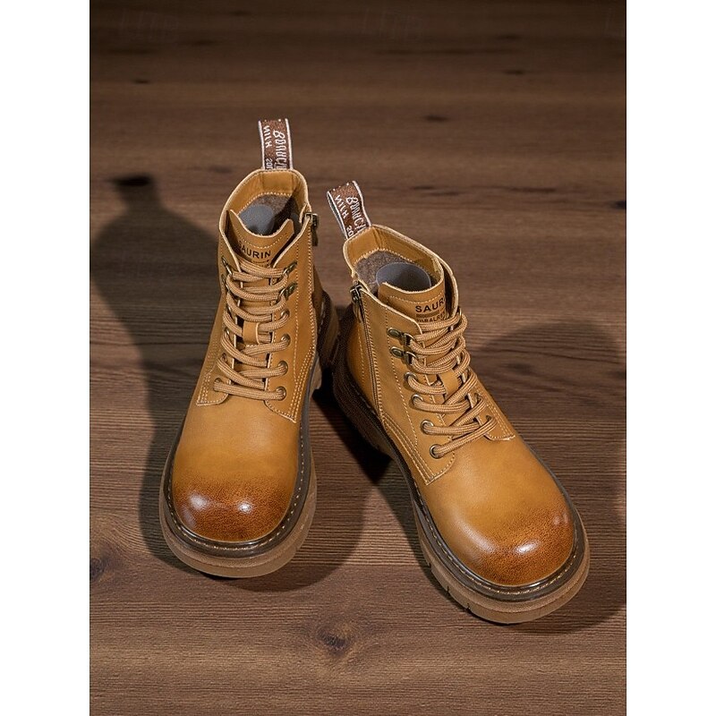 Women's Outdoor Lace Up Ankle Boots with Side Zipper and Chunky Non Slip Sole - Casual Hiking Workwear Combat Style Boots for Fall and Winter3