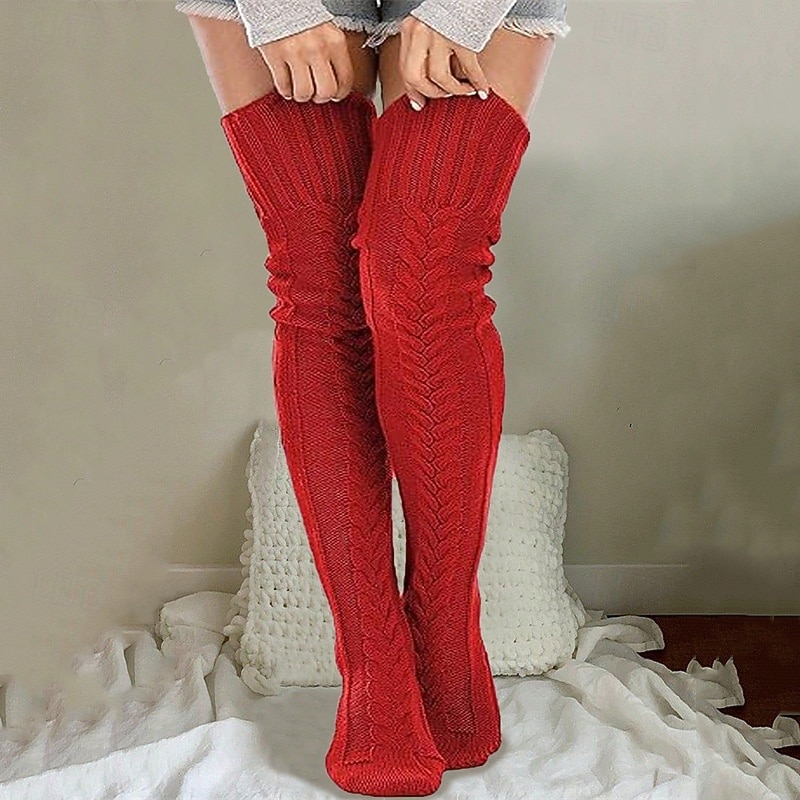 Women's Knee High Socks Stockings Outdoor Holiday Solid Color Polyester Knit Basic Casual Elastic Warm 1 Pair3