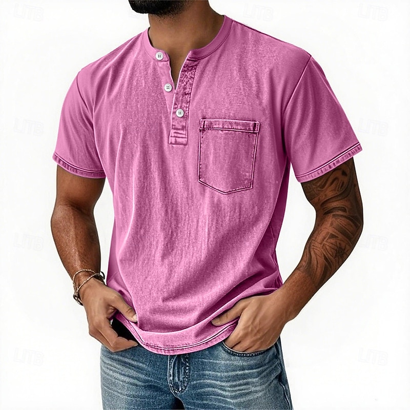 Men's Henley Shirt T shirt Tee Short Sleeve Retro Vintage Casual Casual Summer Spring Fall Black Pink Light Blue Purple Light Gray Henley Henley T-Shirt3