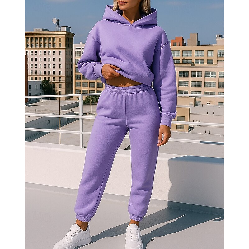 Women's 2 Piece Tracksuit Lounge Hoodie Sweatsuit Sets Solid Colored Clothing Suit Fall Black White Workout Outdoor Travel High Waist Lightweight Fashion Long Sleeve Sport Activewear Micro-elastic