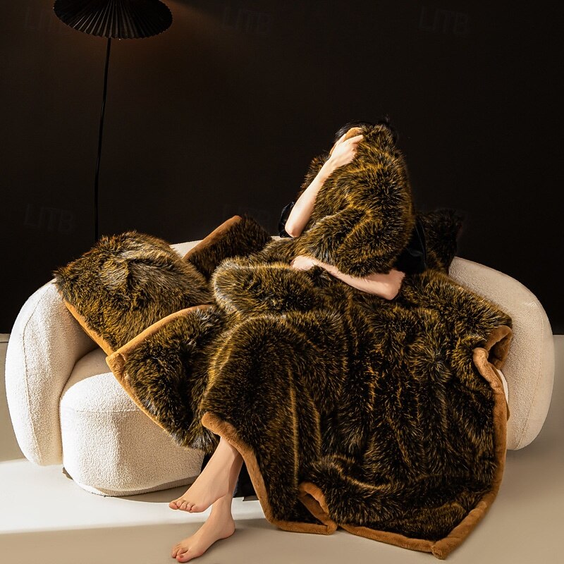 Faux Fox Fur Blanket - Extra Thick Raschel Throw for Winter, Cozy Bedspread & Sofa Cover