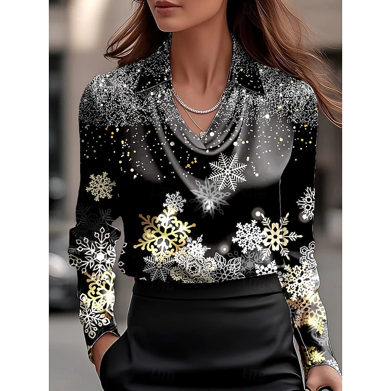 Christmas Women's Shirt Ombre Graphic Snowflake Elegant Stylish Casual Long Sleeve Cowl Neck Regular Tops Work Party Evening Wear Daily Ruched Draped Black Fall Winter