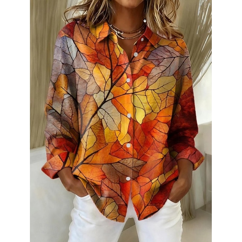 Women's Shirt Floral Graphic Vintage Tropical Daily Long Sleeve Shirt Collar Regular Tops Work Daily Formal Wear Buttons Print White Orange Brown Spring Fall3