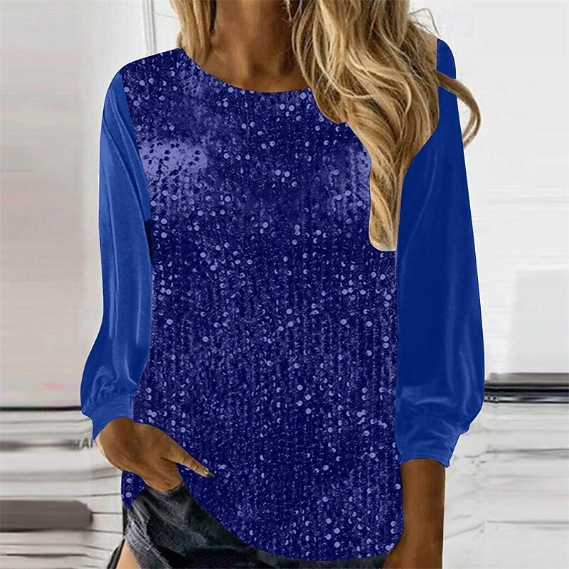 Women's T Shirt Tee Top Solid Color Fashion Stylish Classic Long Sleeve Round Neck Regular Tops Daily Weekend Sequins Patchwork Blue Spring Fall