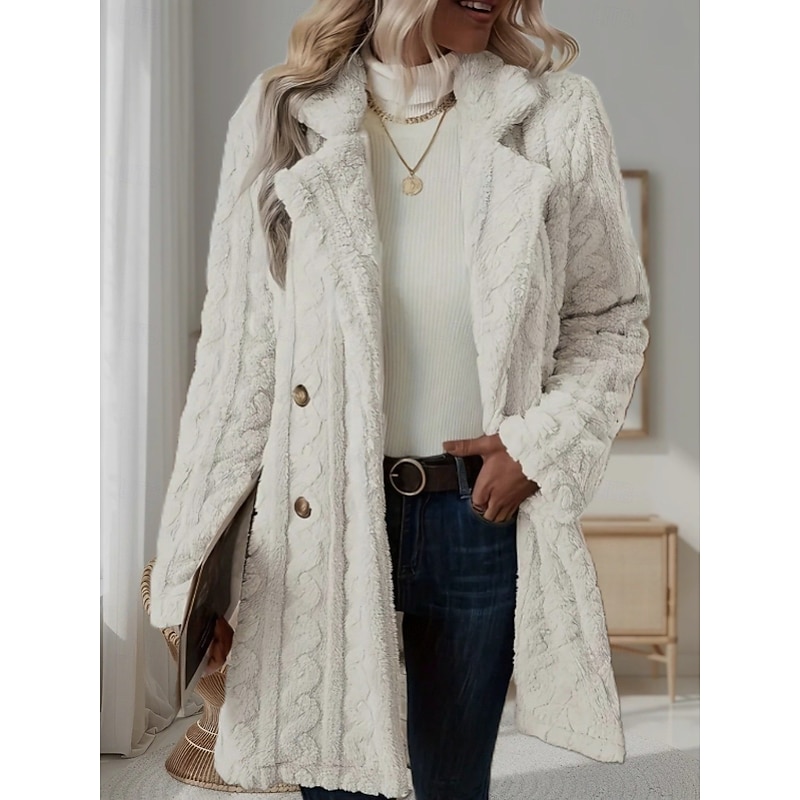 Women's Sherpa Jacket Comfortable Breathable Jacquard Elegant Casual Plain Vacation Street Casual Daily Wear Double Breasted Long Hooded Regular Fit Long Sleeve Outerwear Black White Pink Spring Fall