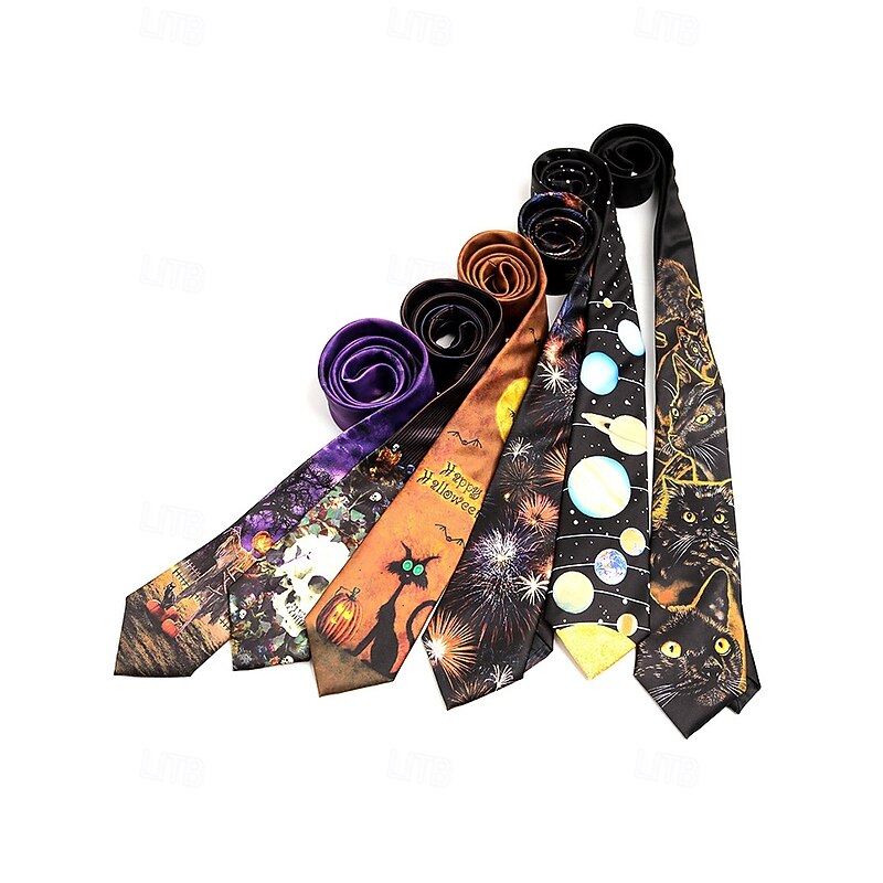 Men's Halloween Novelty Necktie with Skull, Pumpkin and Cat Prints – Fun Party Costume Dress Tie for Festivals and Cosplay3