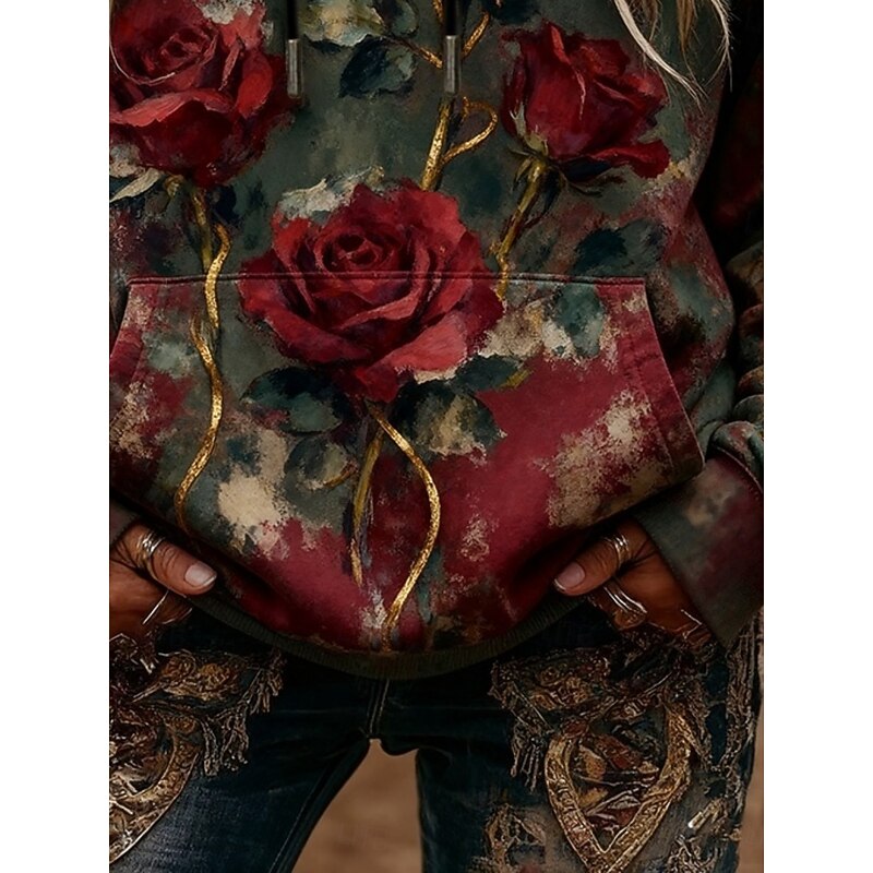 Women's Pullover Hoodies Rose Punk Vintage Streetwear Long Sleeve Hooded Regular Tops Dailywear Casual Sports Drawstring Pocket Print Green Spring Fall3