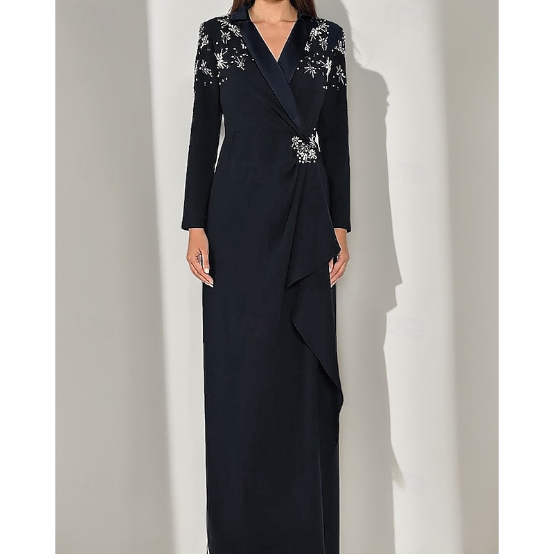 Black Tie Tuxedo Dress Sheath / Column Floral Crystals embellished Formal Wedding Guest Satin Lapel Stretch Crepe Long Sleeve Notch lapel collar with Ruffle3