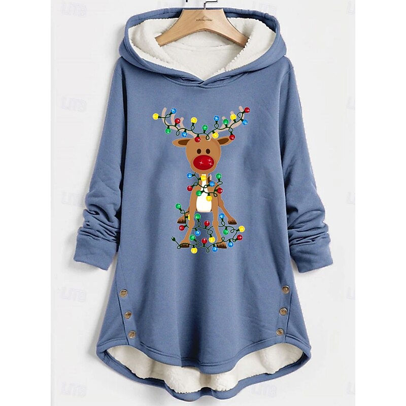 Women's Pullover Hoodie Sweatshirt Graphic Reindeer Christmas Warm Casual Fuzzy Long Sleeve Hooded Long Tops Casual Sports Print Pink Blue Gray Fall Winter - Main Image