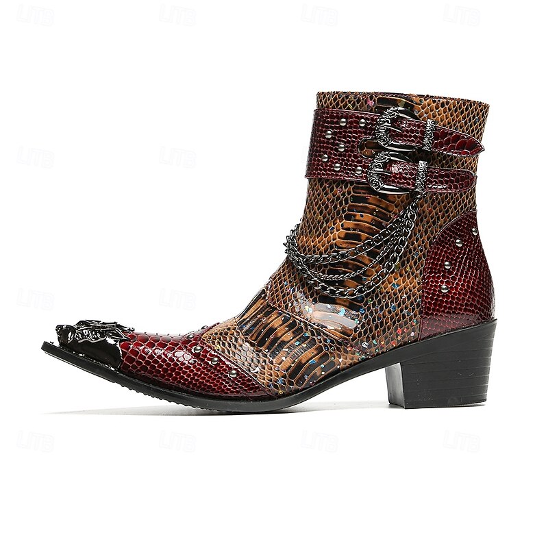 Men's Genuine Cowhide Leather Snakeskin Pattern Ankle Boots with Dual Buckles – Rock Punk Style Casual and Party Footwear3