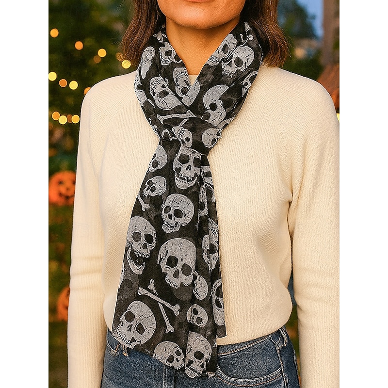 Women's Halloween Skull Print Scarf – Lightweight Gothic Style Shawl Wrap for Costume Party, Cosplay and Autumn Outfits