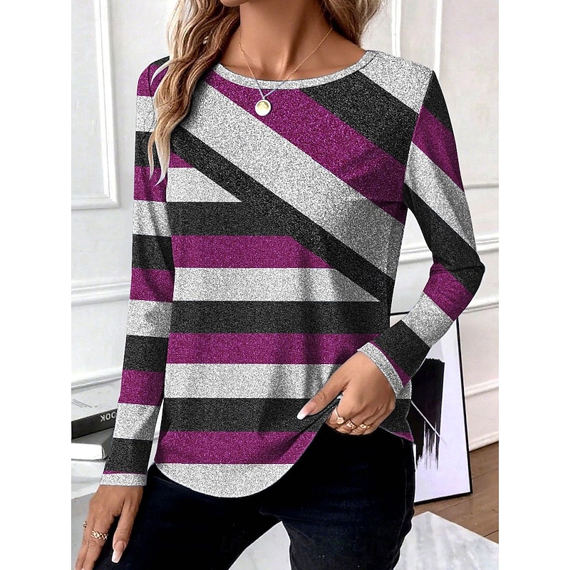 Women's T Shirt Graphic Geometric Striped Vintage Stylish Classic Long Sleeve Crew Neck Regular Tops Daily Print Blue Purple Orange Spring Fall Winter