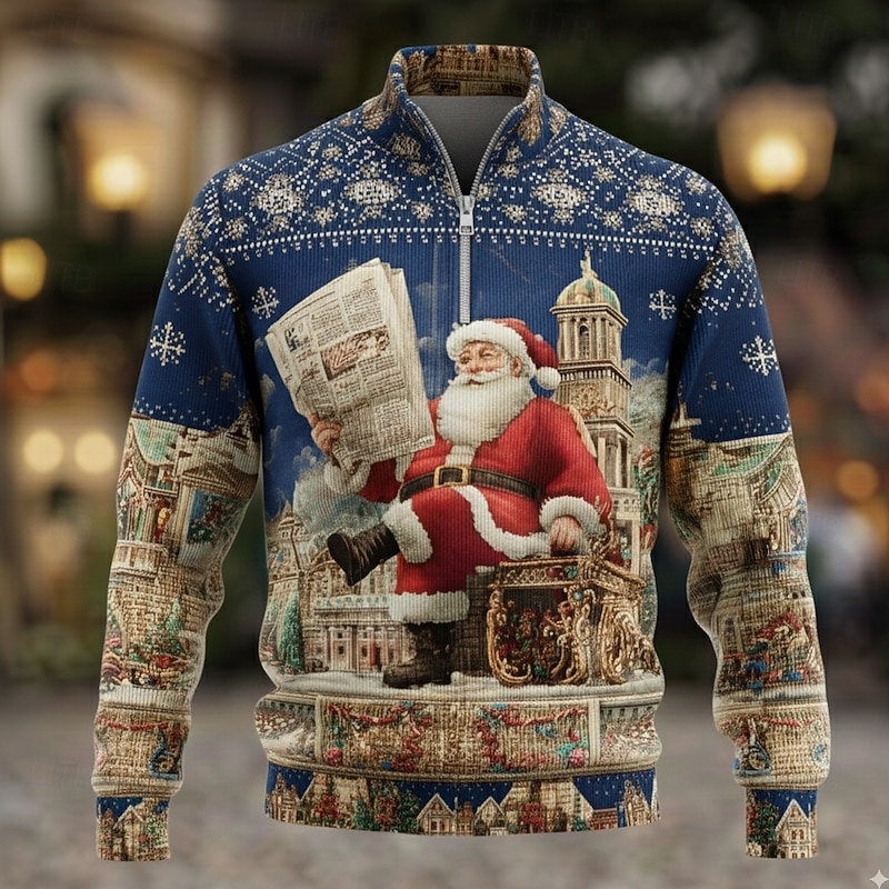 Christmas Men's Santa Claus Polo Long Sleeve Polo Shirts Grandad Collar Casual Holiday Daily Wear Festival Outfit 3D Print Quarter Zip Polo Spring Fall Winter Black Red Blue2