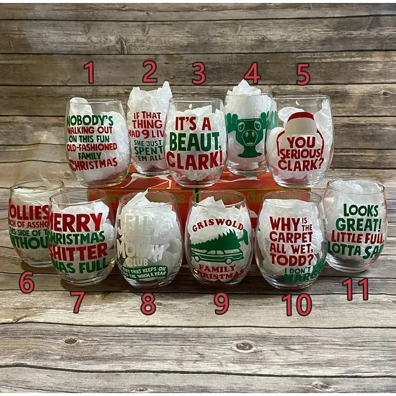 Christmas Vacation Stemless Wine Glasses Holiday Movie Quote Designs, 12 Classic Vacation Inspired Styles2