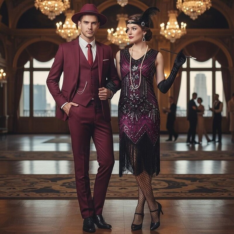 Retro Vintage Roaring 20s 1920s Flapper Dress Suits & Blazers Couples Costumes The Great Gatsby Gentleman Solid Color Fancy Dress Men's Women's Halloween Carnival Masquerade Party / Cocktail Fancy