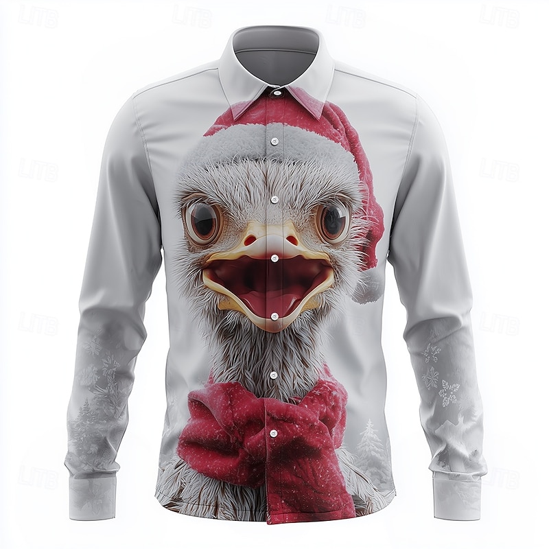 Christmas Men's Animal Ostriches Christmas Hats Shirt Button Up Shirt Long Sleeve Funny Outdoor Holiday Spring Fall Turndown 3D Print Collared Shirts Light Grey