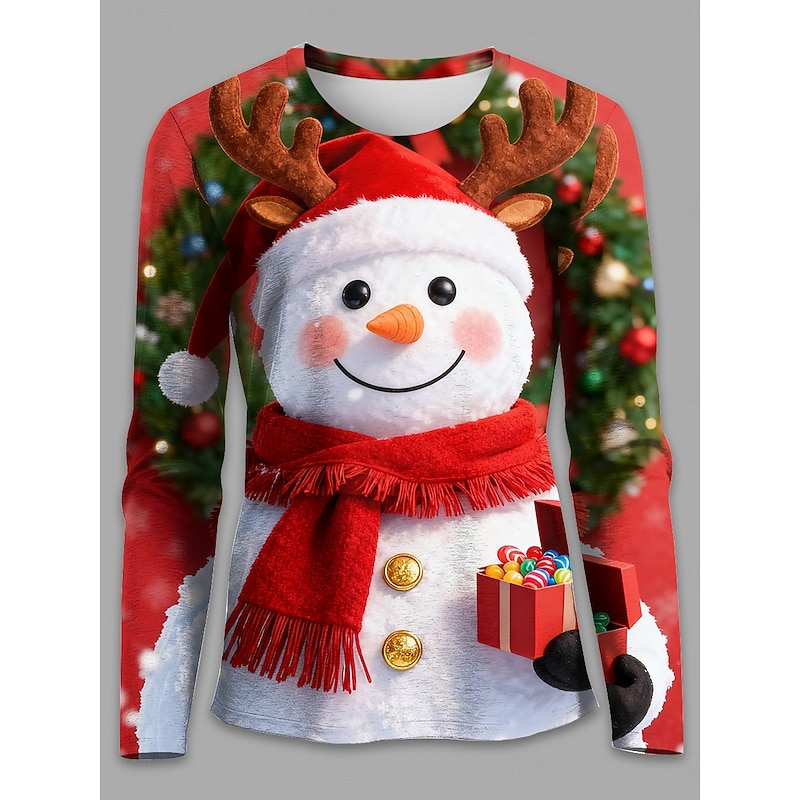 Christmas Women's T Shirt Snowman Snowflake Vintage Stylish Classic Long Sleeve Crew Neck Regular Tops Weekend Print White Red Green Winter3