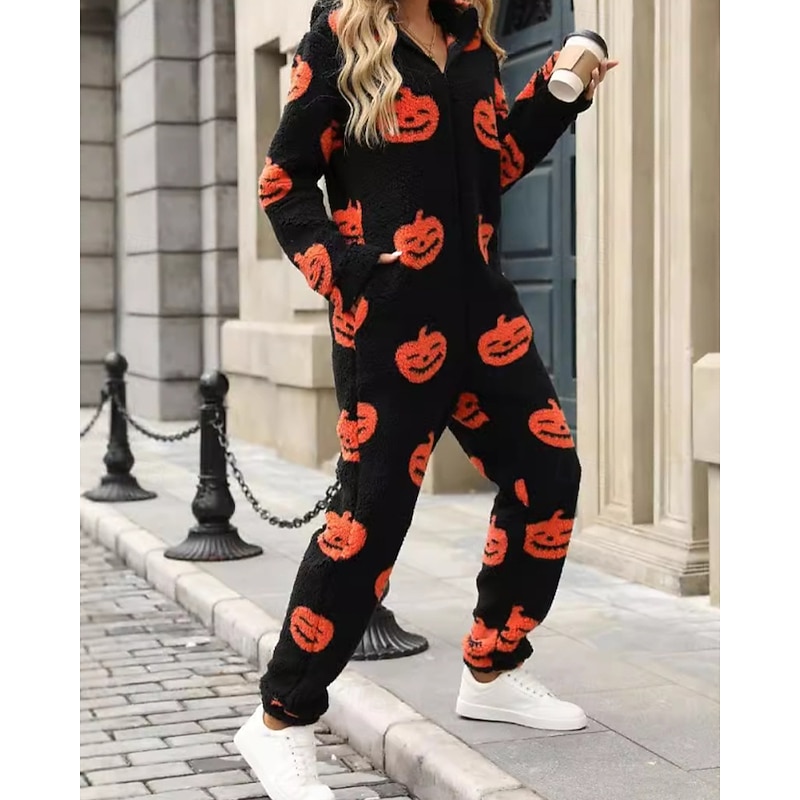 Women's Normal Jumpsuit Active Pumpkin Long Sleeve Hooded Zipper Print Vacation Halloween Regular Fit Black Fall2