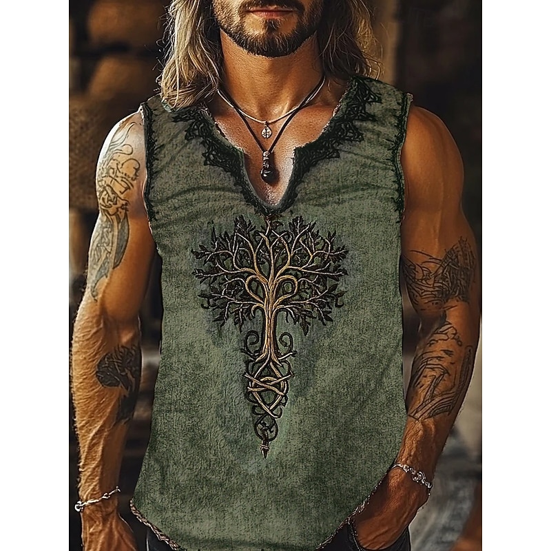 Men's Tank Top Vest Top Undershirt Graphic Tee Sleeveless V Neck Summer Trees Vintage Designer Basic Print Vacation Street Going out Blue Green Khaki Top Tee for Men2