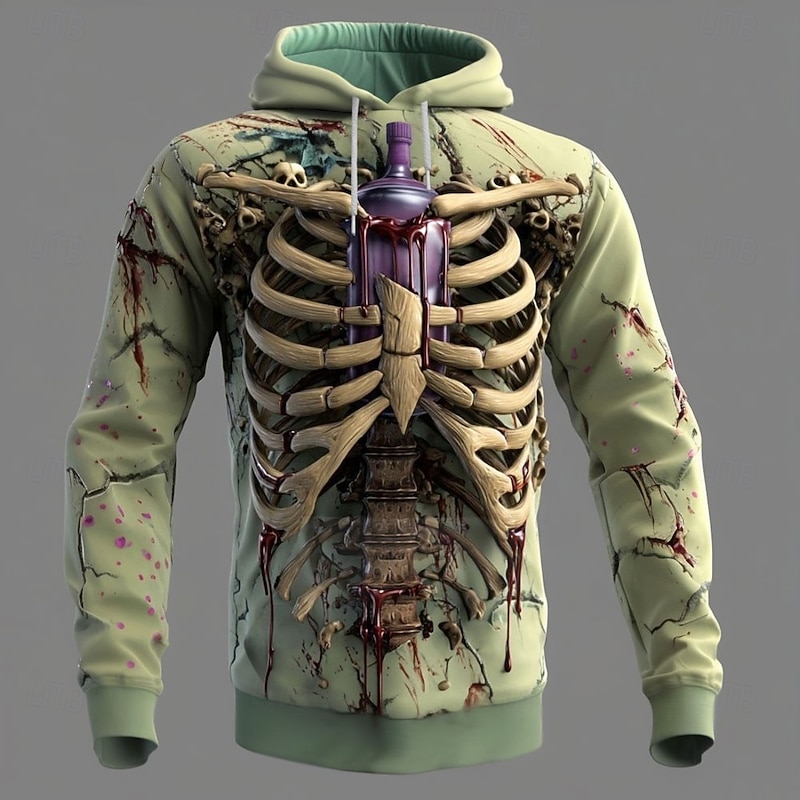 Halloween Men's 3D Skeleton Hoodie Sweatshirt Punk Exaggerated Crew Neck Club Streetwear Red Blue Drawstring Fall Winter Designer