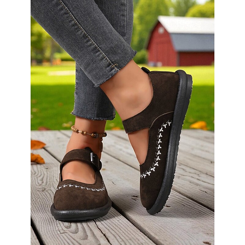 Women's Brown Wide Fit Mary Jane Flats with Buckle Strap and Embroidered Detailing, Comfortable Casual Faux Suede Shoes for Daily Wear and Travel4