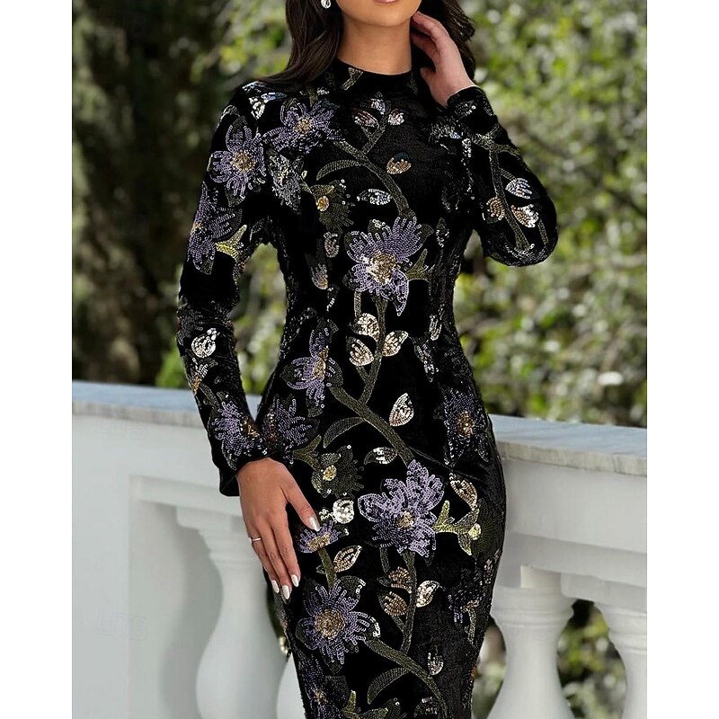Black Velvet Sequin Lace Applique Mermaid / Trumpet Evening Gown Elegant Dress Formal Wedding Floor Length Long Sleeve Mock Neck High Neck 20253