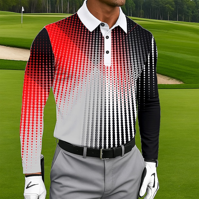 Men's Geometic Golf Polo Long Sleeve Polo Shirts Lapel Casual Outdoor Athleisure Daily Wear 3D Print Buttons Spring Fall Winter Red Blue Purple