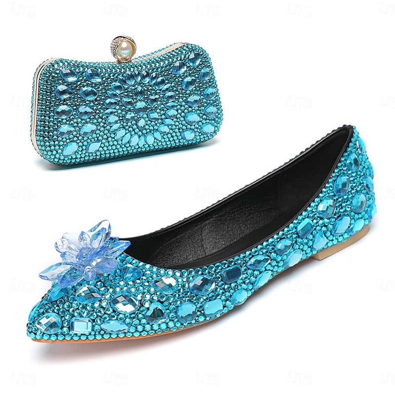 Women's Wedding Shoes Dress Shoes Glitter Crystal Sequined Jeweled Comfort Shoes Contrast Color Wedding Flats Bridal Shoes Bridesmaid Shoes Rhinestone Crystal Flower Flat Heel Pointed Toe Fashion4