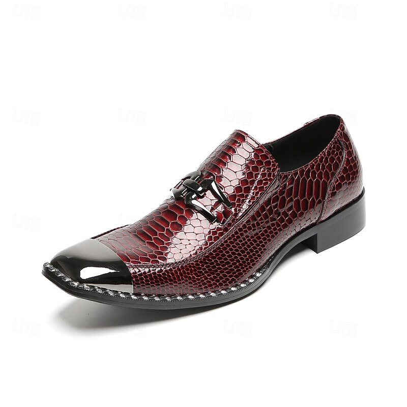 Men's Genuine Cowhide Leather Burgundy Snake Pattern Slip-On Loafers with Metal Buckle – Elegant Party and Evening Dress Shoes3