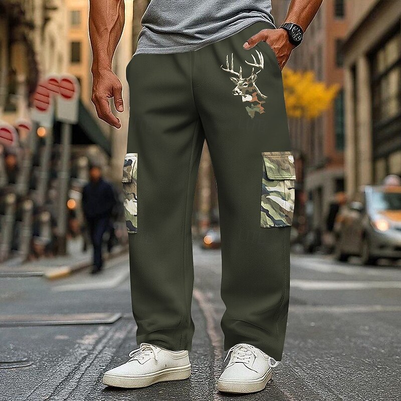 Men's Reindeer Camouflage Cargo Sweatpants Joggers Casual Pants Mid Waist Casual Outdoor Athletic Hunting Elastic Drawstring Waist Open Bottom Tactical Pants with Pockets Spring Fall 3D Print Army