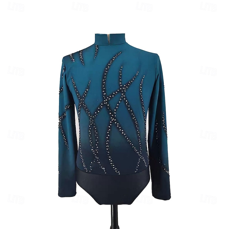 Figure Skating Top Men's Boys' Ice Skating Tops Green+Black Patchwork Halo Dyeing Spandex High Elasticity Training Professional Competition Skating Wear Classic Crystal / Rhinestone Long Sleeve Ice