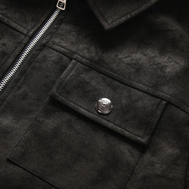 Men's Faux Leather Jacket Faux Suede Jacket Vacation Daily Windproof Warm Pocket Fall Winter Plain Fashion Classic Lapel Regular Black Khaki Jacket4