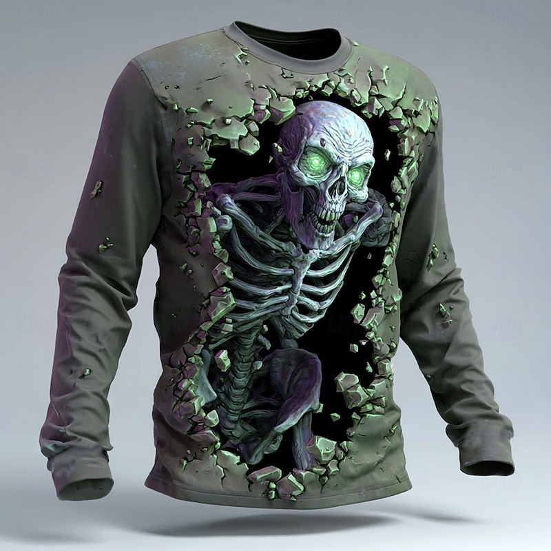 Halloween Men's Grim Reaper Skeleton T Shirt Long Sleeve T shirt 3D Print Crew Neck Shirt Fashion Exaggerated Street Casual Daily Red Purple Brown Summer Spring Fall Clothing Apparel S M L XL XXL XXXL4