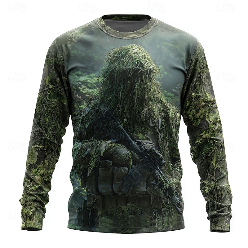 Men's Camo T Shirt Long Sleeve T shirt 3D Print Crew Neck Shirt Fashion Outdoor Street Sports Outdoor Hunting Green 1# Green 2# Summer Spring Clothing Apparel S M L XL XXL XXXL2