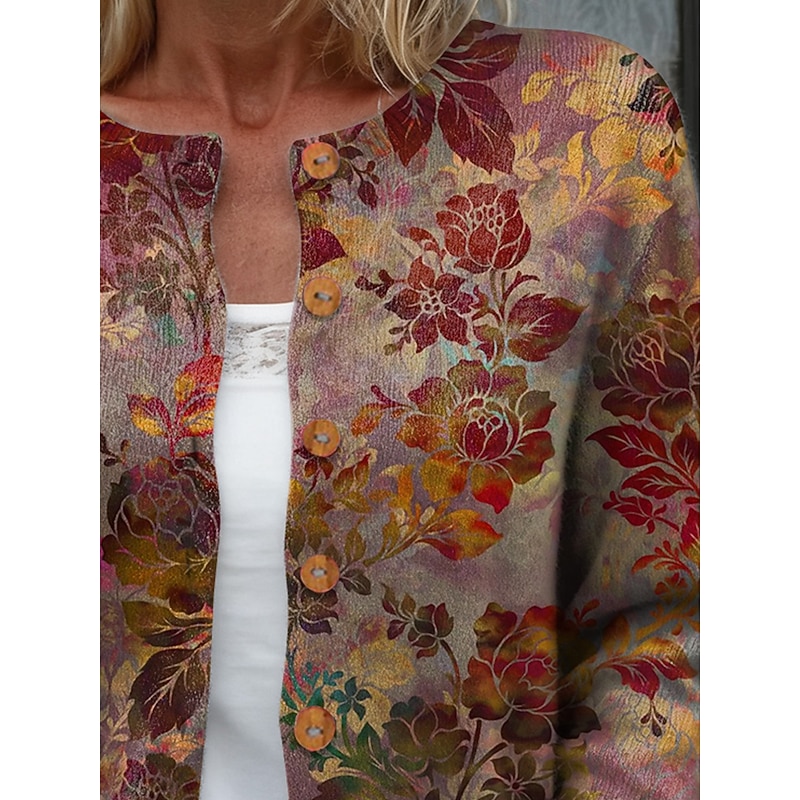 Women's Cardigan Daily Casual Floral Graphic Ribbed Crew Neck Floral Buttons Print Long Sleeve Regular Tops Knit Outdoor Weekend Brown Spring Fall2