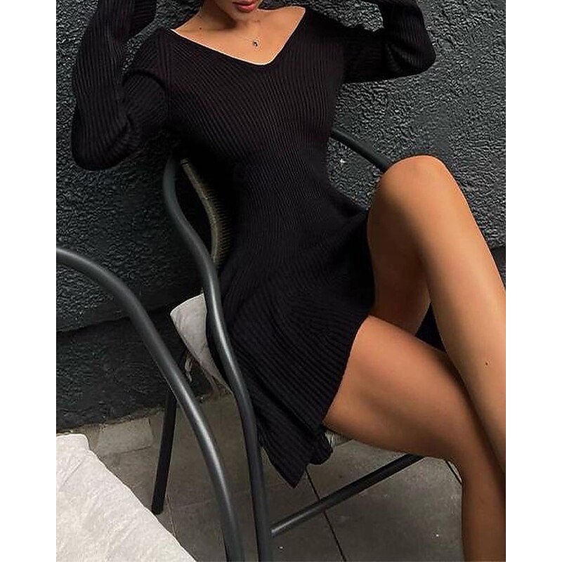 Women's Mini Dress Sweater Dress Bodycon Sheath Dress Fashion Modern Daily Weekend Regular Fit Plain Long Sleeve V Neck Black White Spring Fall4